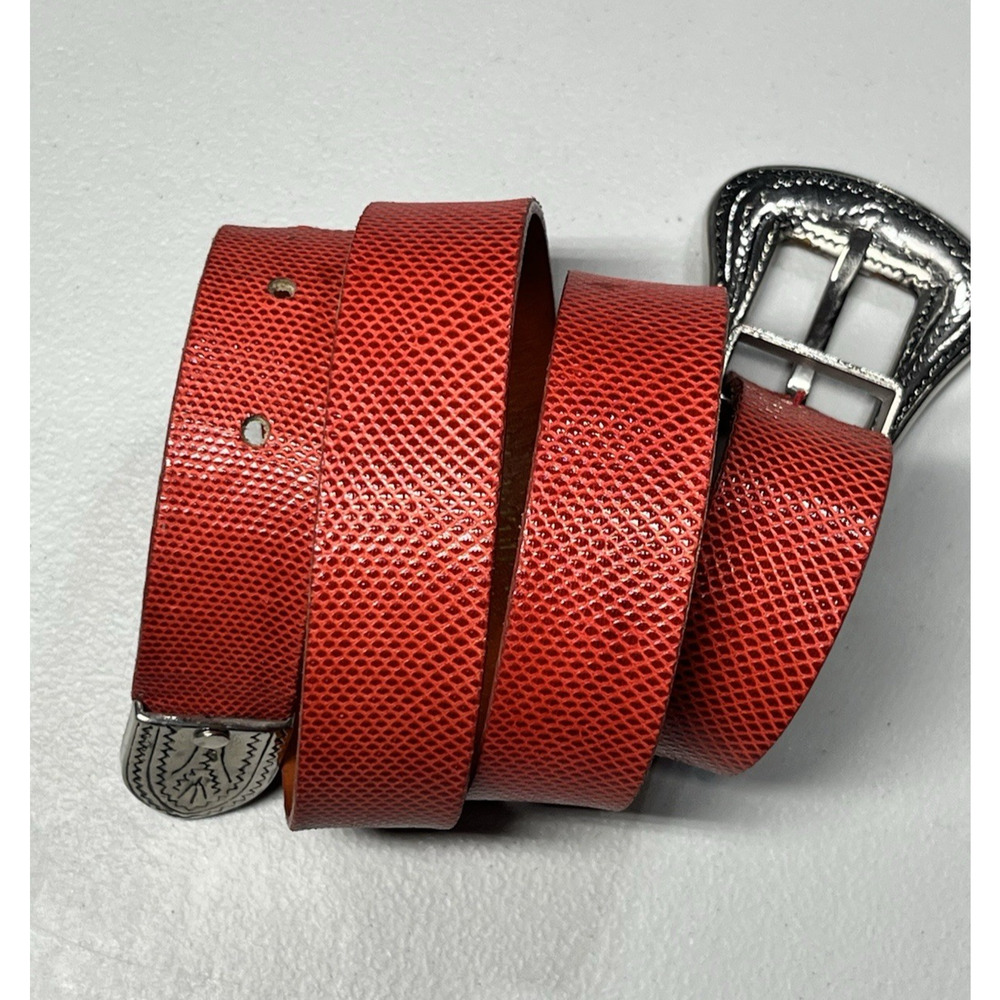 Century Canada Reptile Skin Print Leather Belt Size XS* Red Silver Buckle 35"L
